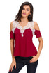 Sexy Crochet Detail Burgundy Cold Shoulder Short Sleeve Top